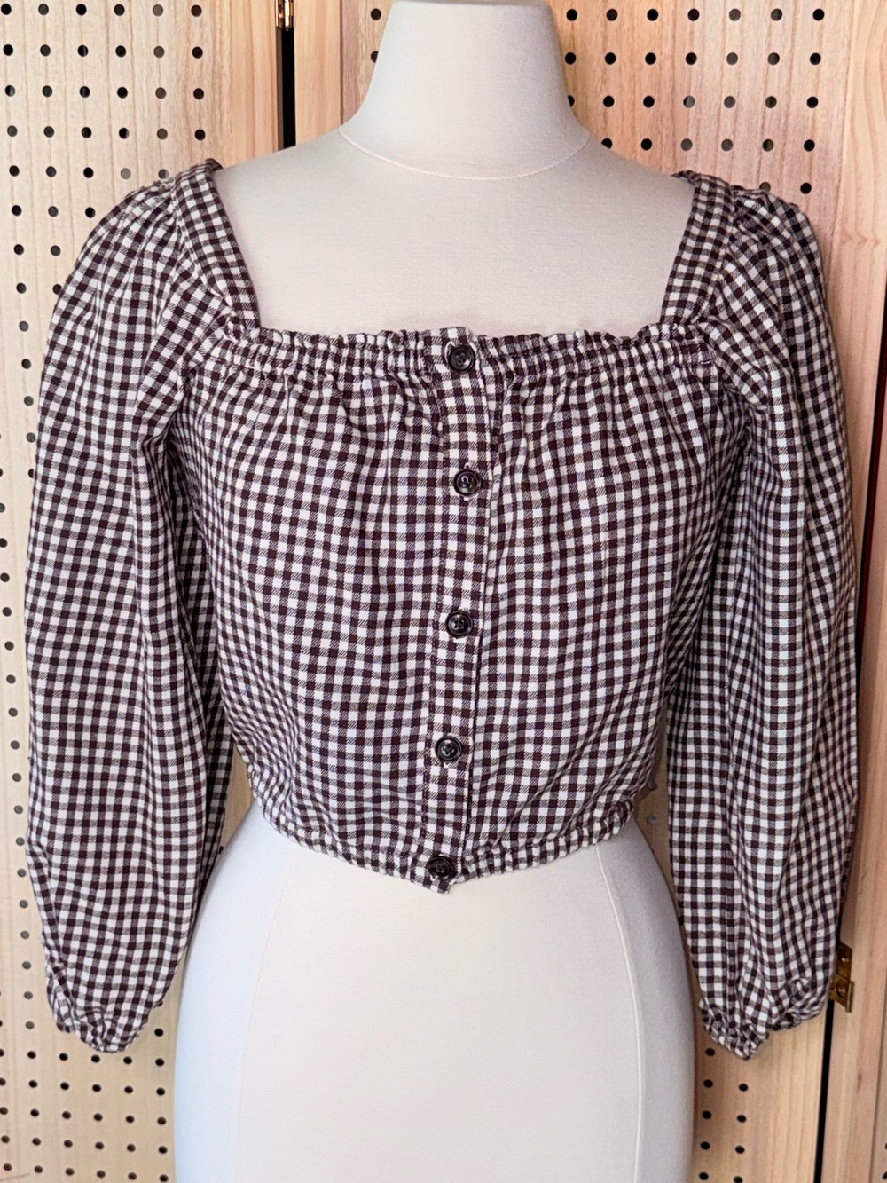 Madewell XXS Brown Gingham Crop Top Cottagecore Puff Sleeve Button Front Cotton - Picture 2 of 11